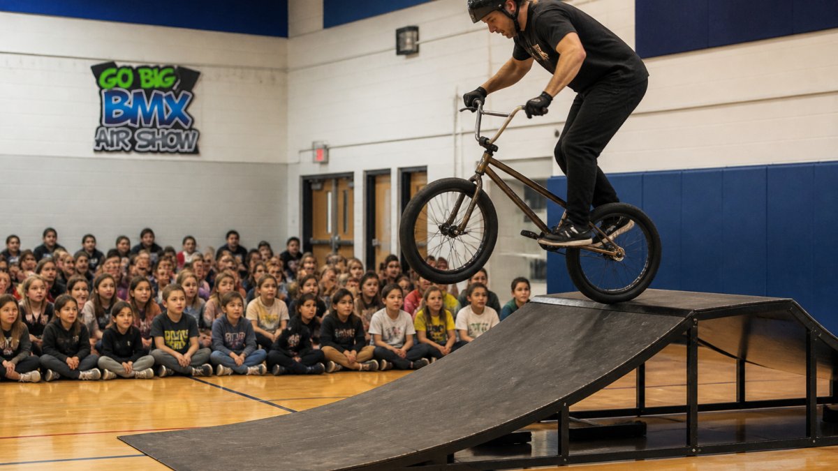 Professional rider performing a stunt during a BMX school assembly in a gymnasium