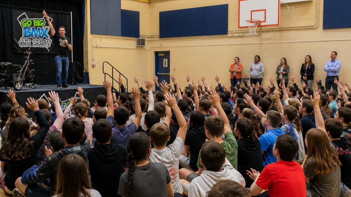 A gymnasium full of middle school students raising their hands and cheering while a presenter on a small stage leads an interactive activity, teachers standing along the wall smiling
